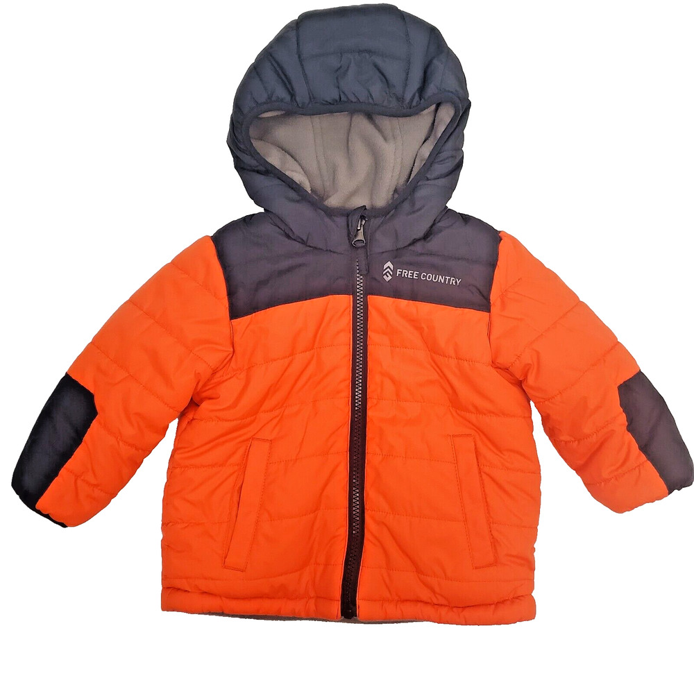 Free Country Boys 2T Reversible Jacket Puffer Coat Hoodie Neon Orange Fleece 24M